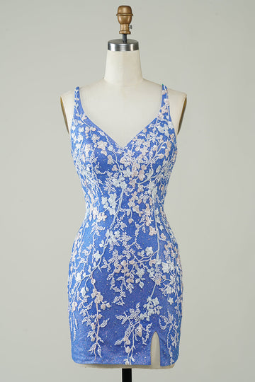 Slire V Hals Blå Kort Homecoming Kjole med Appliques Criss Cross Back